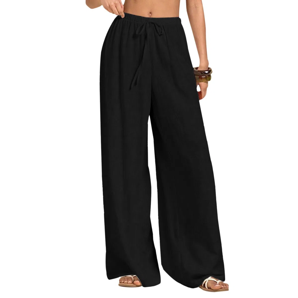 Pantaloni Lino Donna Larghi Pantaloni Leggeri Elastica Elegante Casual Gamba Larga con Tasca