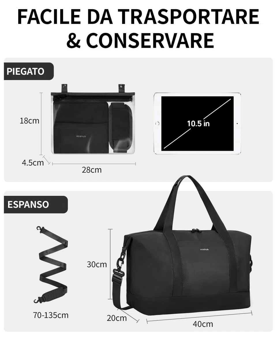 EHOHUB Borsa da Viaggio Pieghevole, Borsone da Viaggio Resistente All'acqua 40x30x20 Per Donna e Uomo, Bagaglio a Mano per Ryanair con Tasca Bagnata per Aereo, Palestra, Weekend, Nero