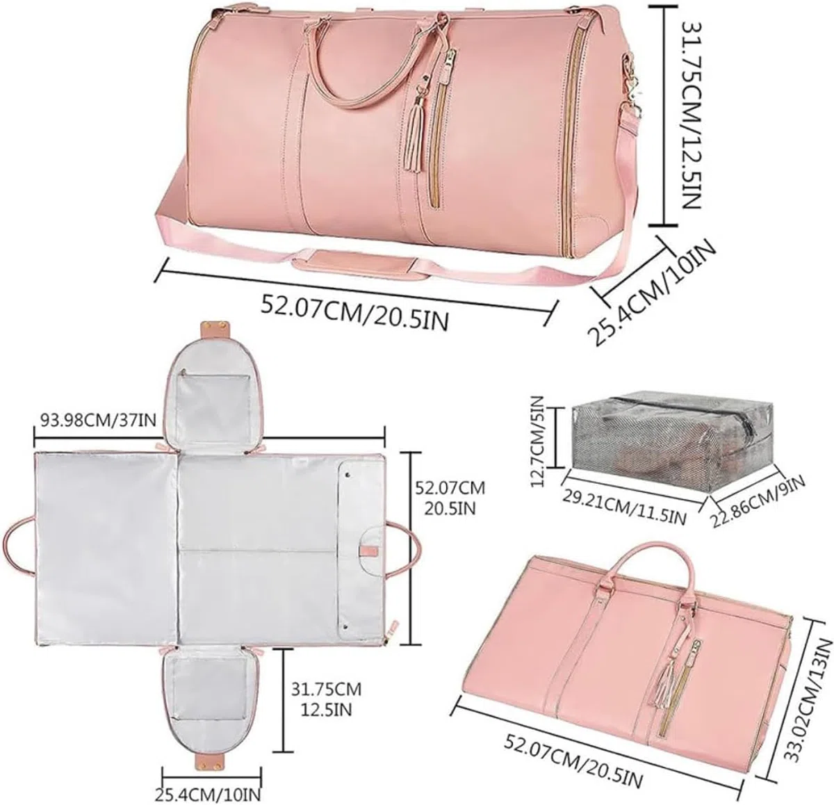 Grande capacità Carry On Garment Bag PU Leather Duffle Bag per le donne Impermeabile Abiti da Viaggio con Borsa Scarpiera 2 in 1 Appeso Valigia Pieghevole Tuta Borse Da Viaggio, Nero, Bagaglio a mano