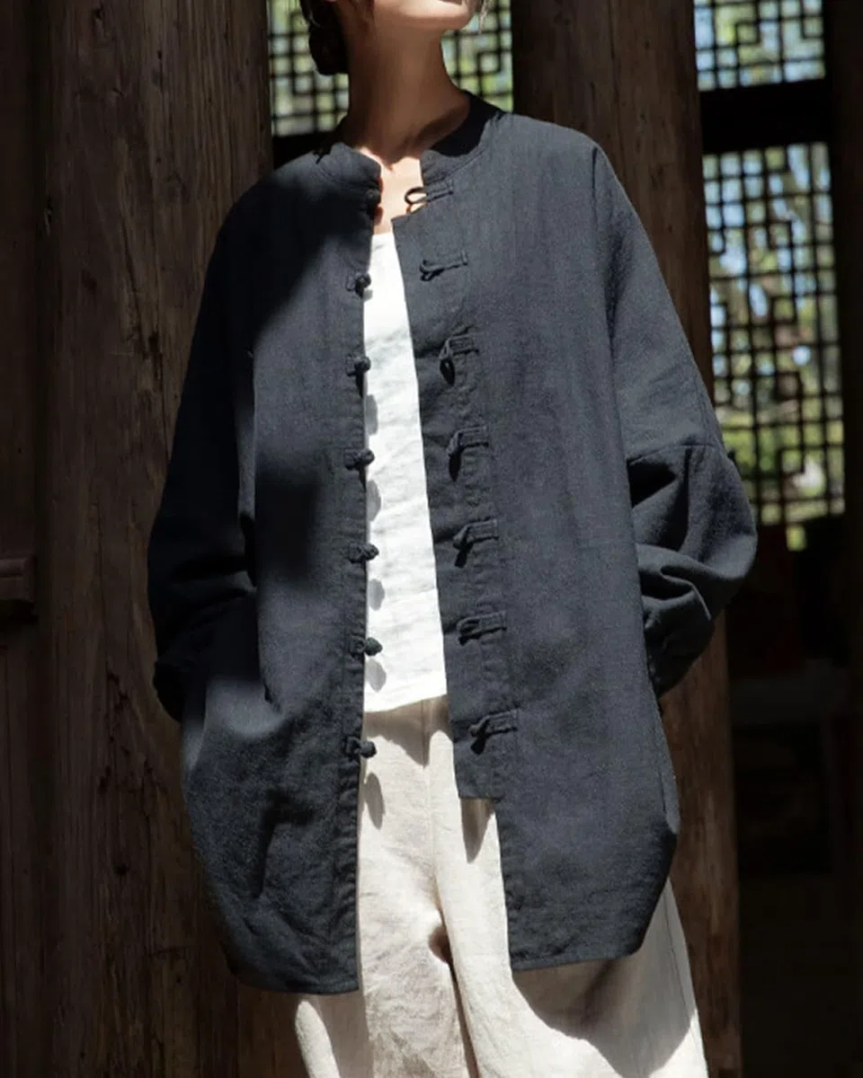 Lazutom Camicia da donna in cotone e lino con bottoni a forma di rana, colletto alla coreana, per arti marziali cinesi, Kung Fu Tai Chi, tunica