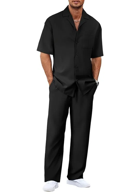 Completo Uomo Estivo Casual Abito Elegante 2 Pezzi Tuta Tempo Libero Camicia e Pantaloni Lunghi Set Coordinati Abbigliamento Leggera Completa Spiaggia