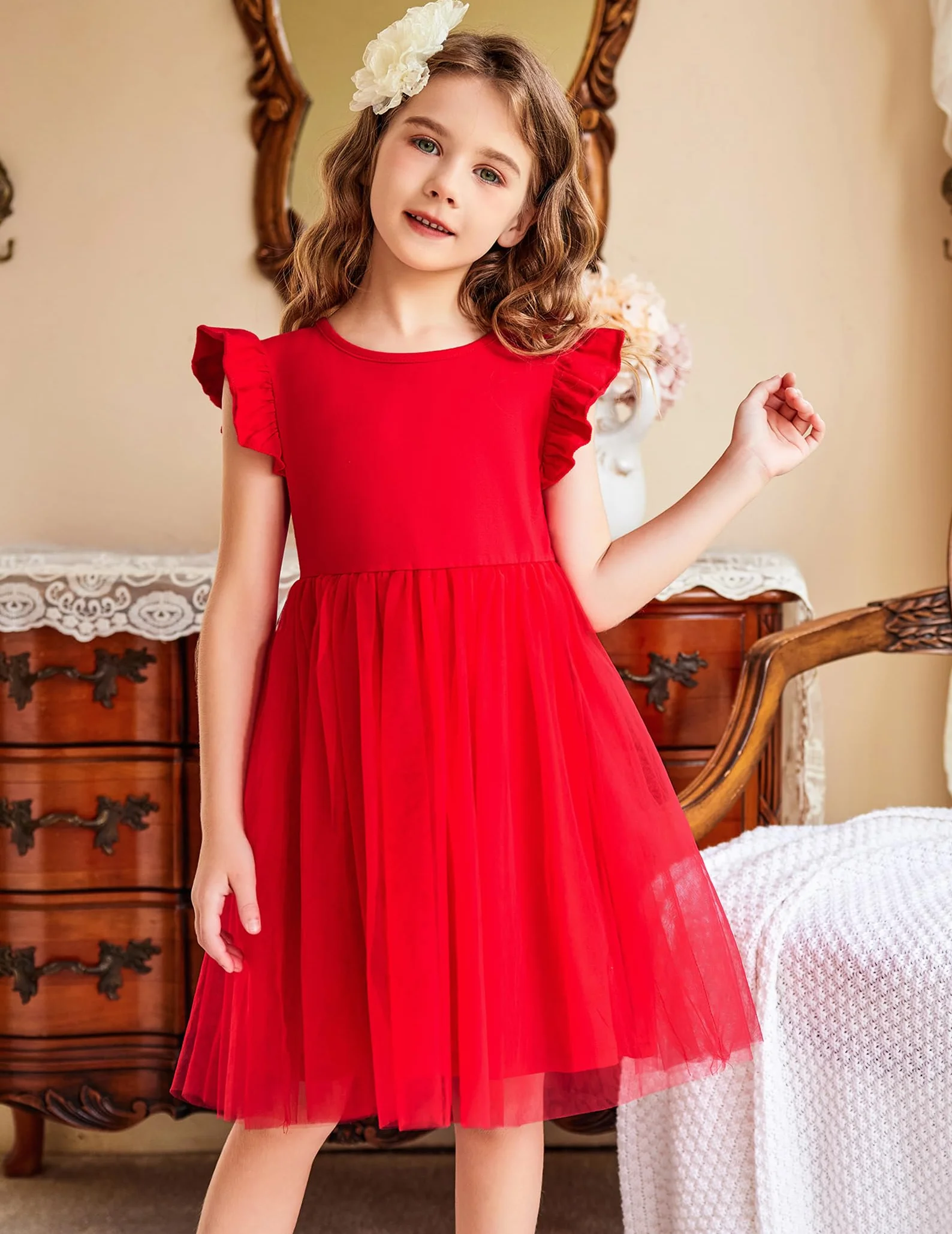 Arshiner Abiti da Bambina Abito in Tulle per Bambini Maniche Volanti Abito da Principessa Abito Festivo tutù Abito per Bambini Abito da Festa in Cotone Compleanno Matrimonio Abito Estivo 2-7 Anni