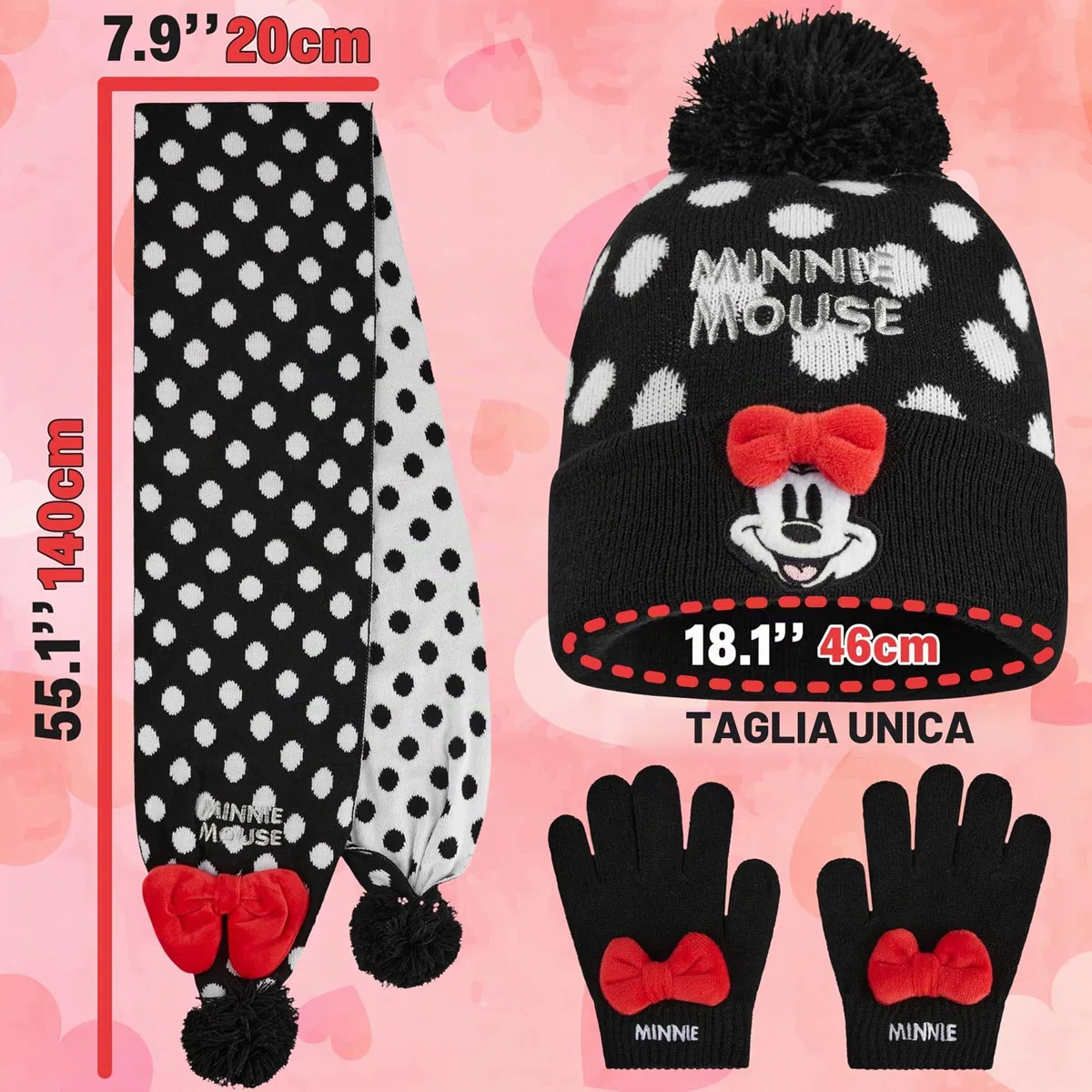 Disney Minnie Mouse Berretto, Sciarpa e Guanti Bambina, 3 Pz Maglia a Pois Accessori Invernali, Regalo Ragazza