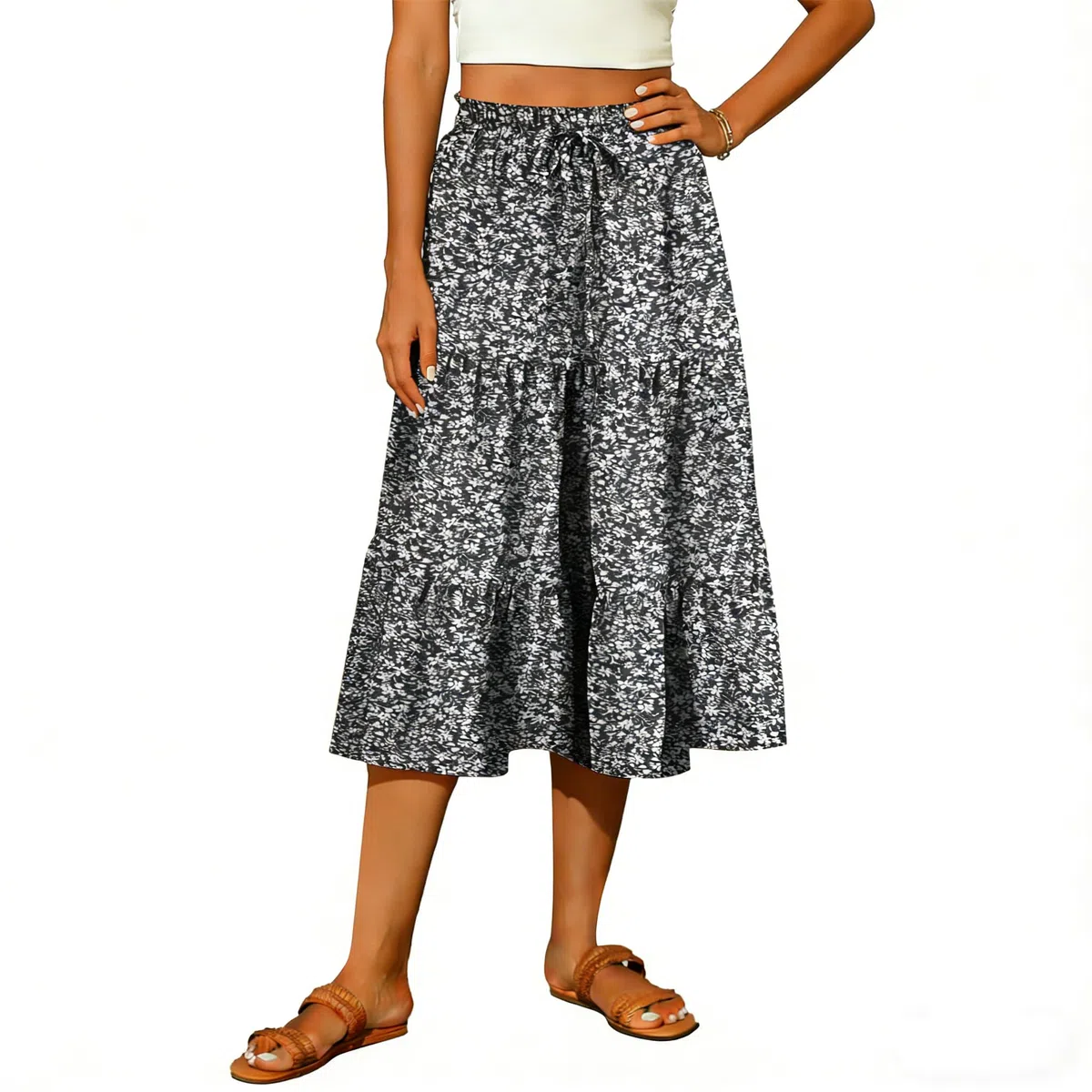 Gonna Midi Elegante a Fiori da Donna Gonne Estive a Vita Alta con Linea ad A Gonna da Spiaggia Gonne Casual in Tinta Unita