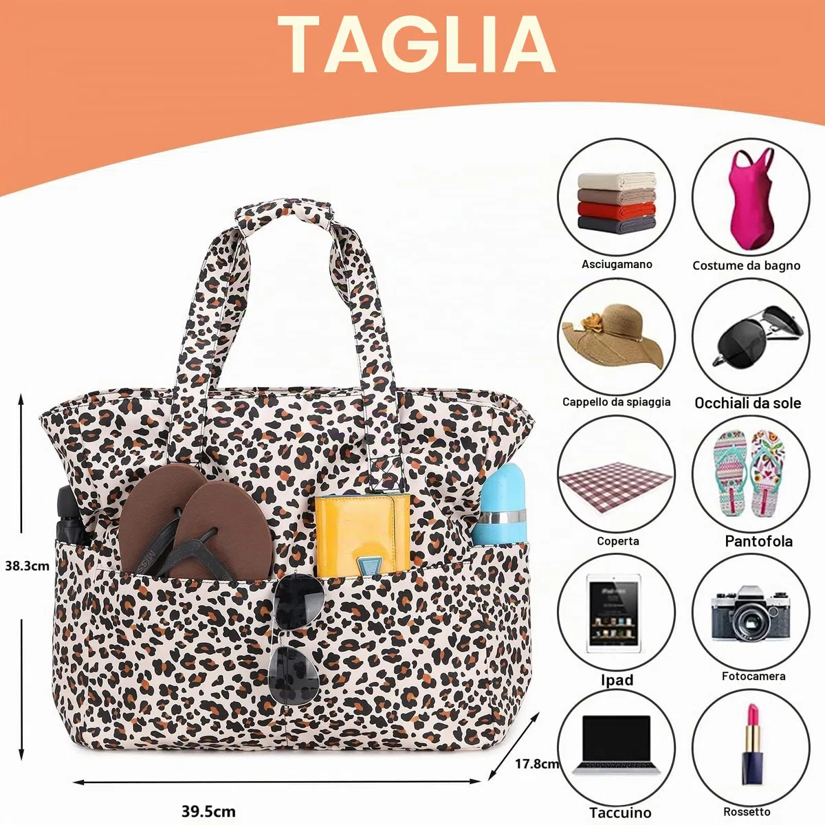 Grande borsa da spiaggia XXL con chiusura lampo, leopardo borsa da bagno, grande borsa da spiaggia, impermeabile, per famiglia, extra grande, motivo leopardato