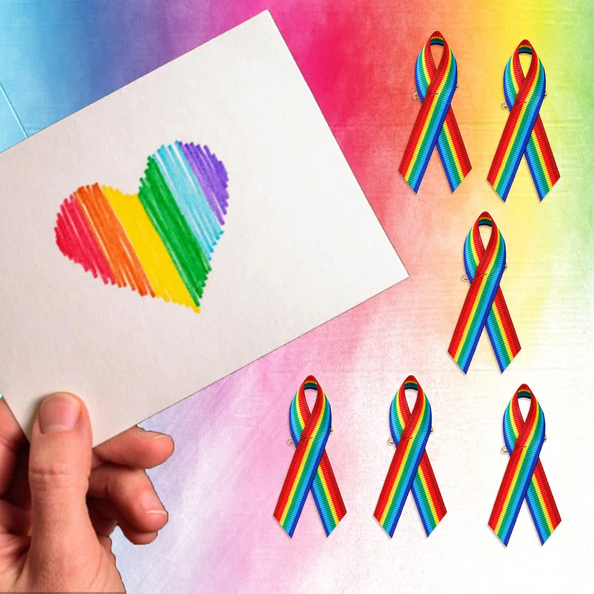 WANDIC 100 Spille a Nastro Arcobaleno con Motivo Arcobaleno in Raso, con spilli di Sicurezza per Donne e Uomini (Stile 2)