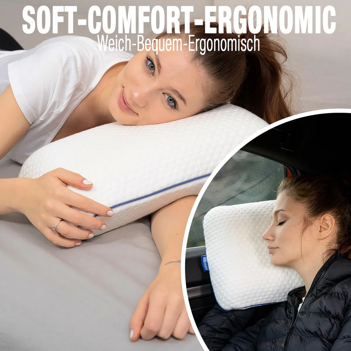 Cuscino da viaggio – Supporto ergonomico per il collo da campeggio in memory foam con federa termoregolante – Borsa da viaggio impermeabile inclusa (Nero)