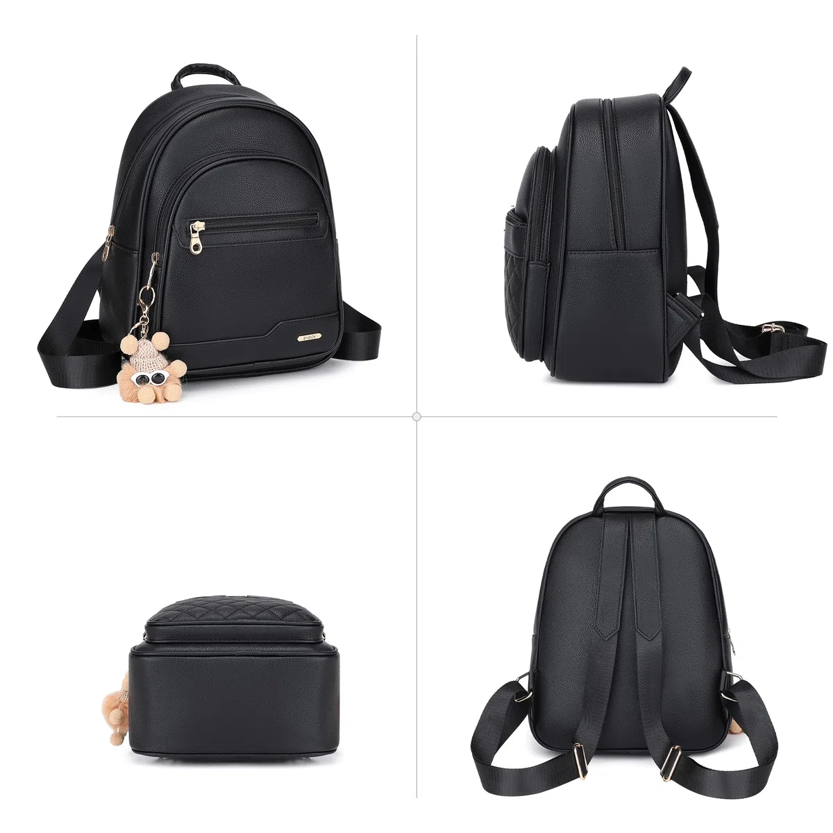 BAGOK Zainetto Mini Donna – Elegante zaino piccolo in similpelle strutturata con logo discreto, zip dorata, motivo trapuntato e ciondolo peluche – Perfetto per scuola, viaggio e uso quotidiano