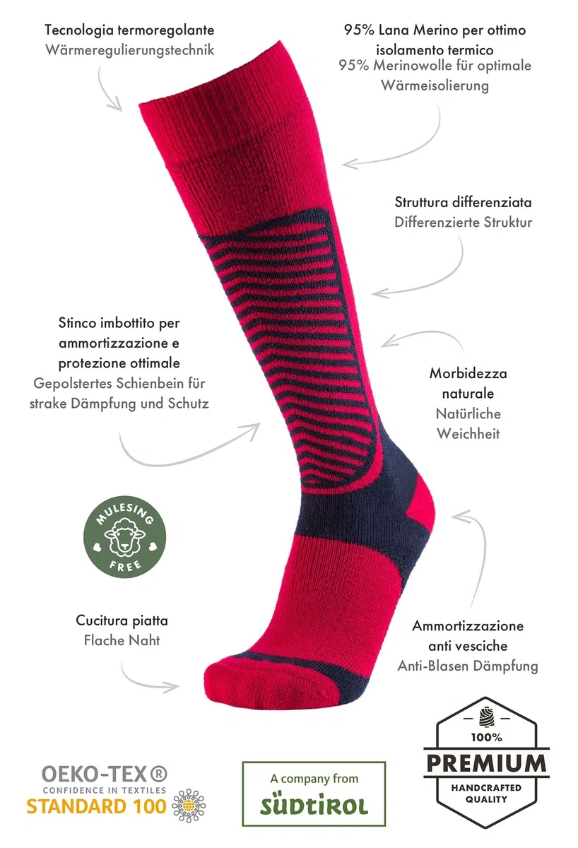 Calze Sci Pure Merino - 95% Lana Merino naturalezza e Comfort - Morbidi, Leggeri, Traspiranti per Donna, Uomo - qualità Alpina Made in Alto Adige