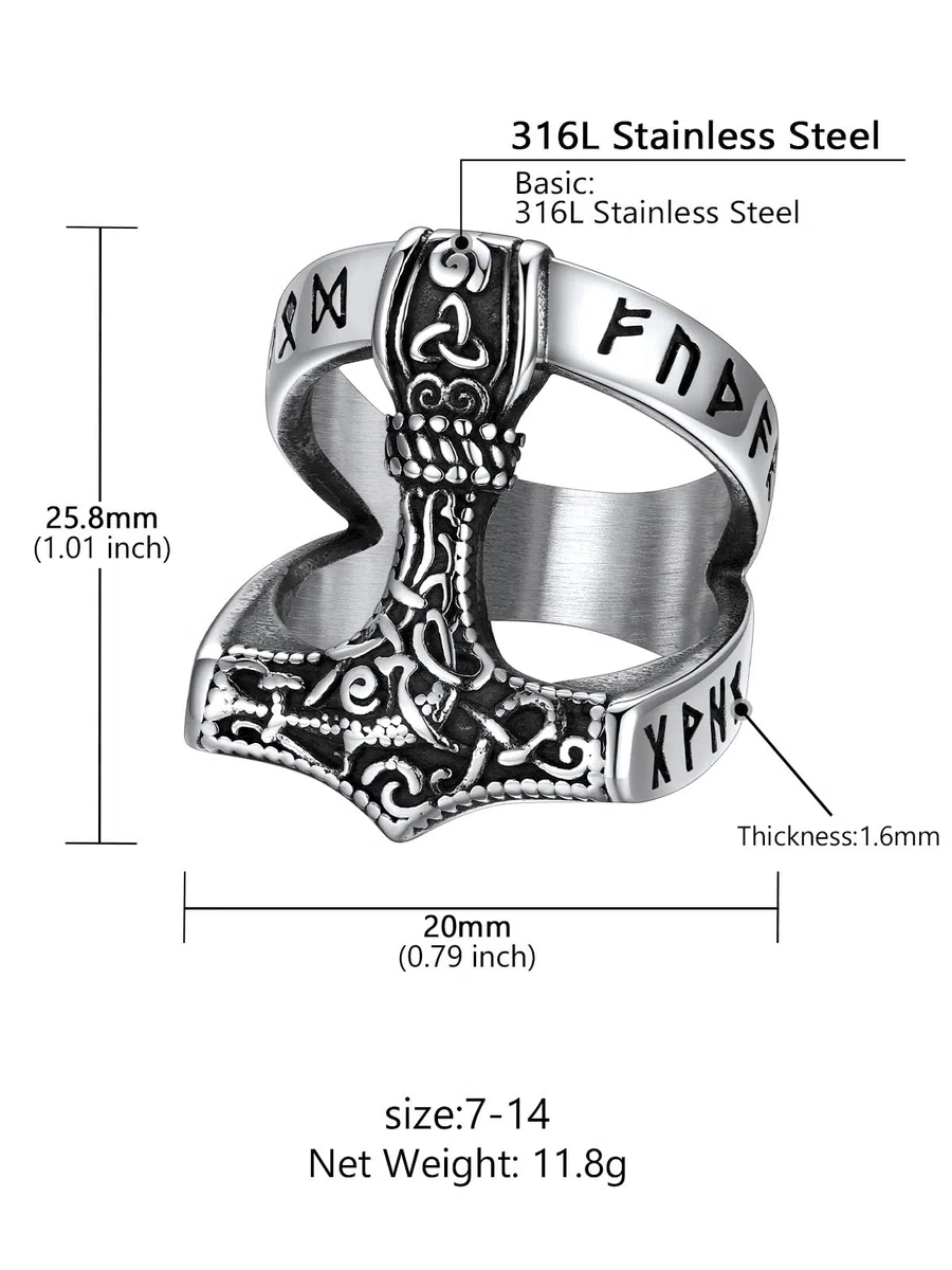 Supcare Anello Acciaio Uomo con Martello di Thors, Anelli Vichighi Argento/Nero a Fascia con Nodo Celtico, Anello di Dichiarazione Vintage con MIsura 14,5-32, Idee Regalo.