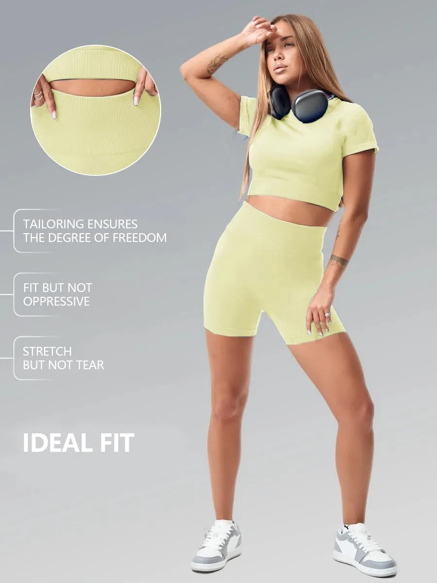 Workout Sets per Donne 2 Pezzi Top Crop Senza Cuciture e Pantaloncini Alta Vita Abbigliamento Yoga Fitness Palestra Casual
