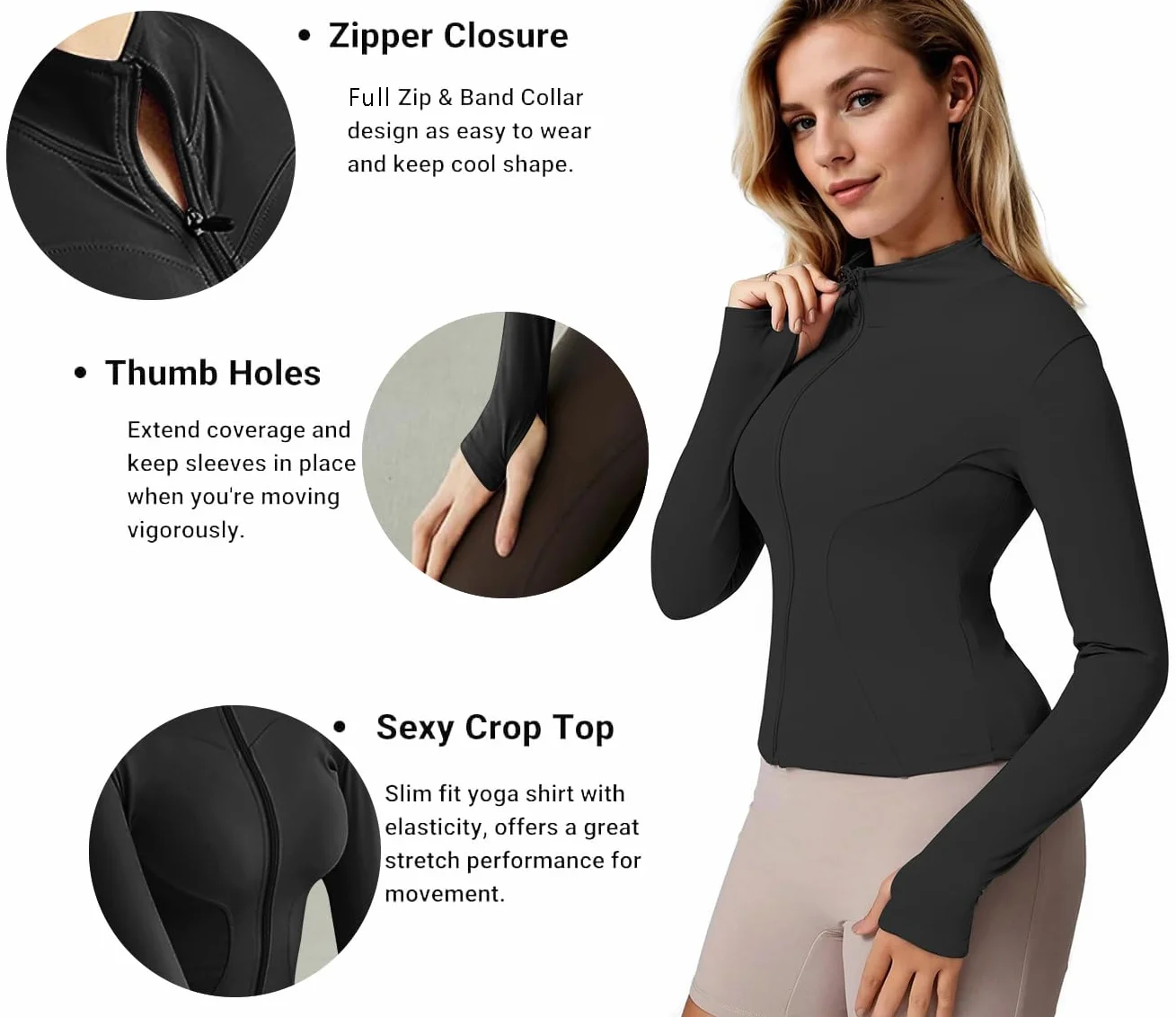 Memoryee Donna Manica Lunga Crop Top Pullover Yoga Running Sport Athletic Gym Workout Maglia Fitness con Mezza Zip e Pollice Foro