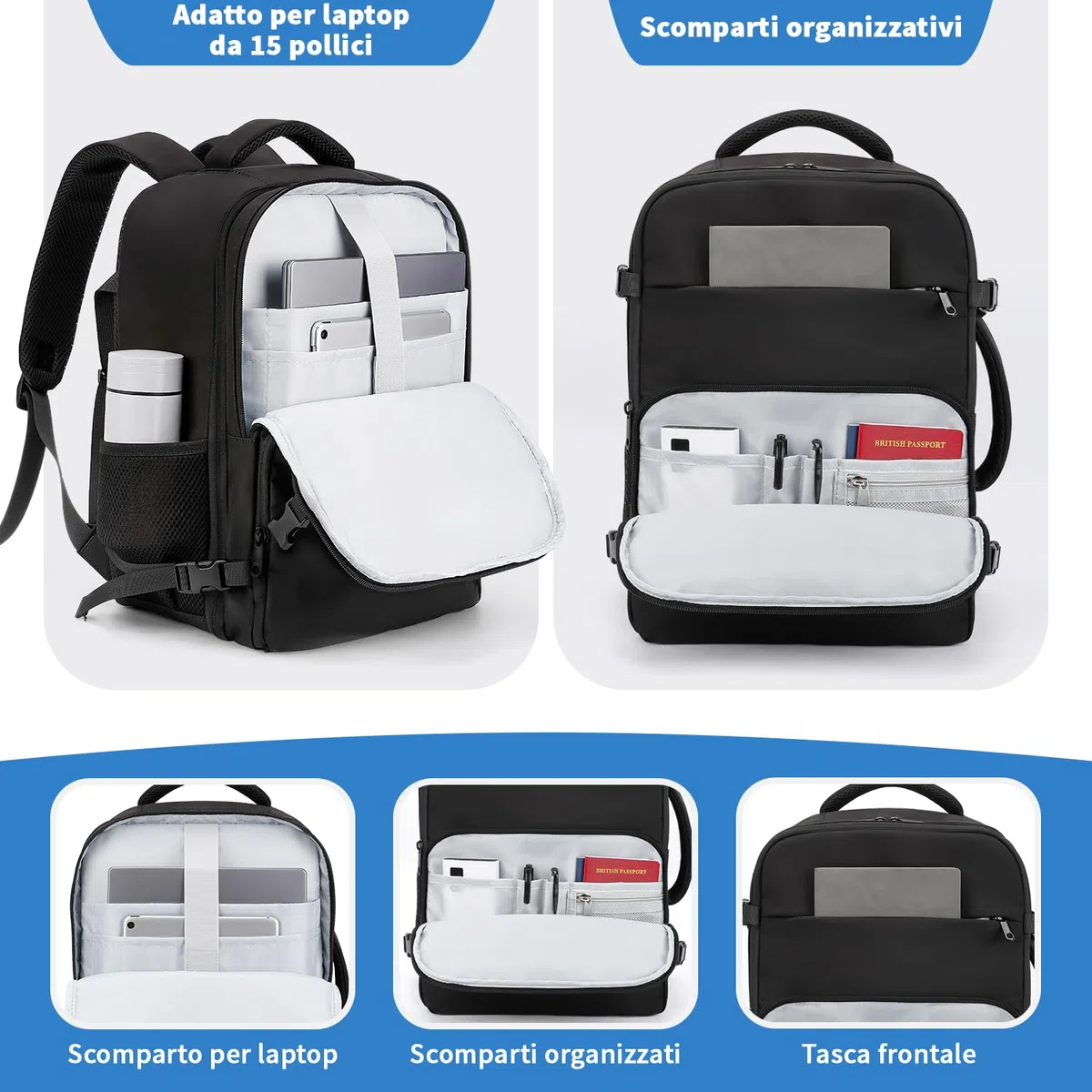 ZOMFELT Zaino Ryanair 40x30x20, 24L Bagaglio a Mano Aereo Zaino da Viaggio per Donna Uomo, Zaini Casual per laptop da 15 pollici Travel Bag Compatto Leggero per Ryanair, Wizz Air, Easyjet Nero