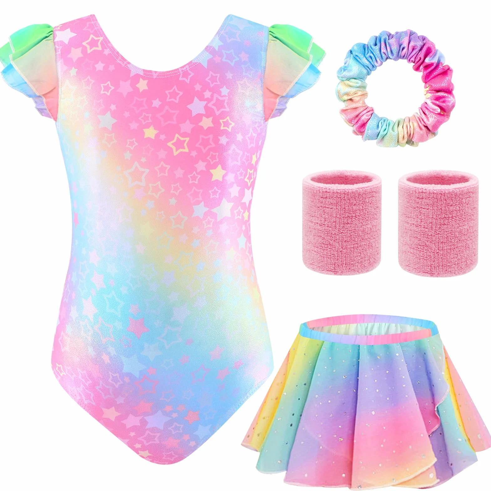 Body Ginnastica Artistica Bambina, Set 5 Pezzi con Body Senza Maniche, Pantaloncini, Fascia Capelli, Polsini, Completo per Ginnastica, Danza e Spettacoli, 4-9 Anni