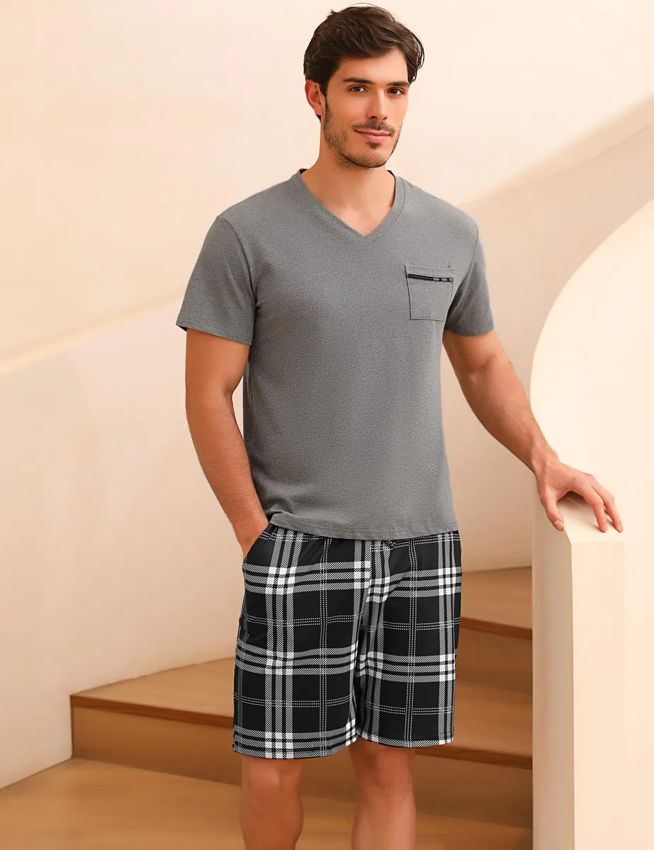 Bresdk Pigiama Corto Estivo Uomo Cotone Maglietta a Maniche Corte e Pantaloncini 2 Pezzi Pigiami con Scollo a V