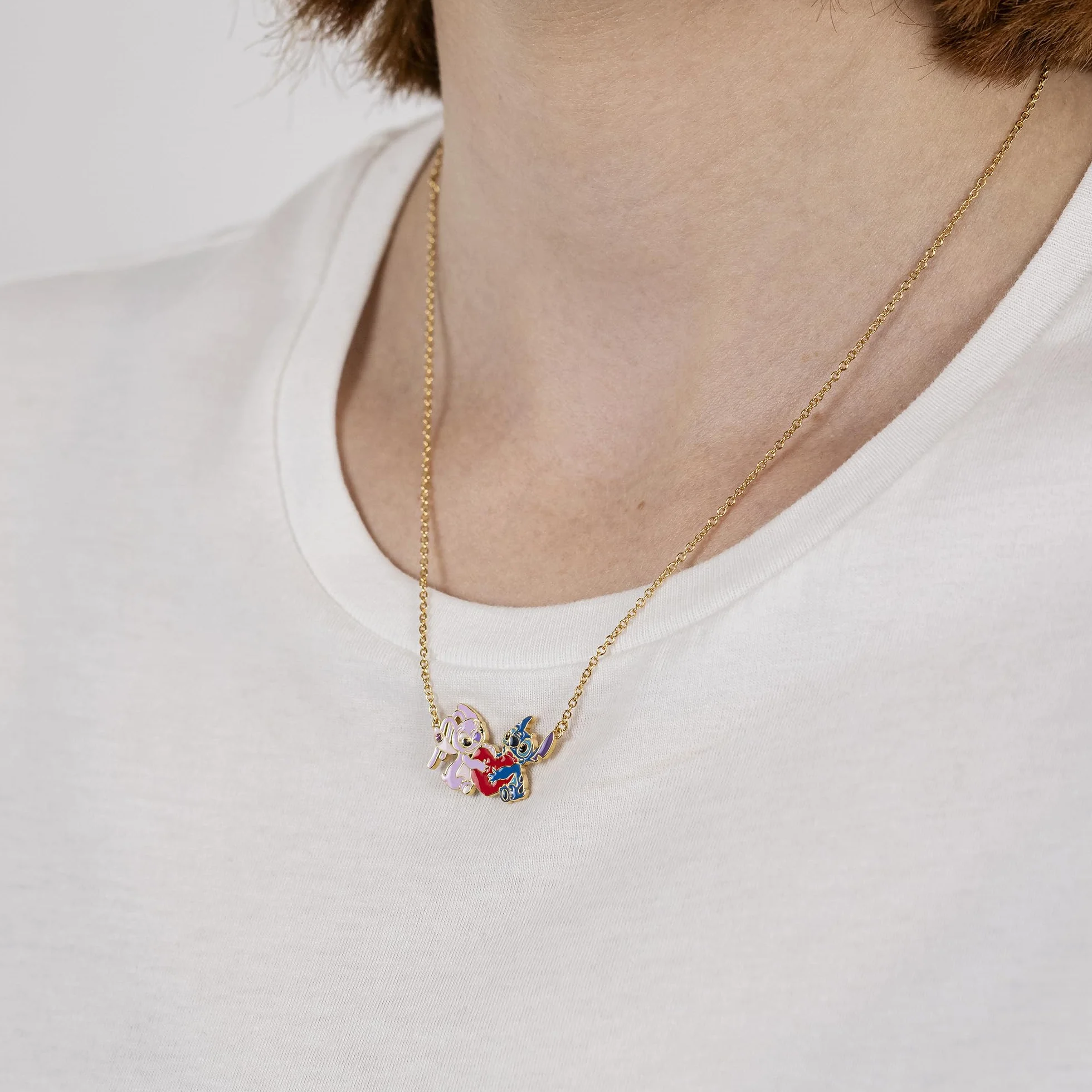Disney Collana con ciondolo a forma di cuore placcato in oro di Stitch & Angel per ragazze