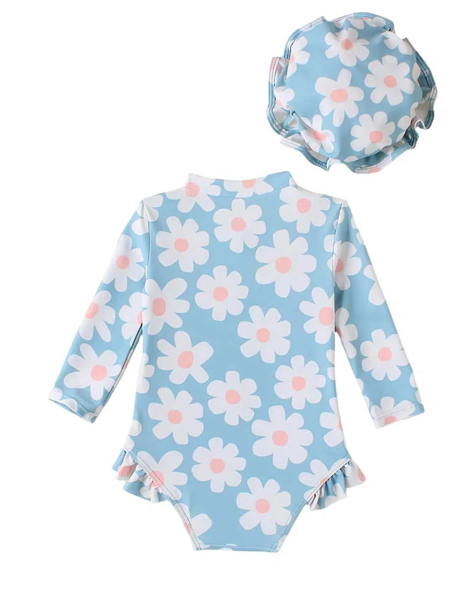 DivingBirds Costume da Bagno Bambina e Neonata, Costume Intero a Maniche Lunghe con Protezione Solare UV e Cappellino Abbinato, Costume Mare Bimba 3 Mesi - 4 Anni