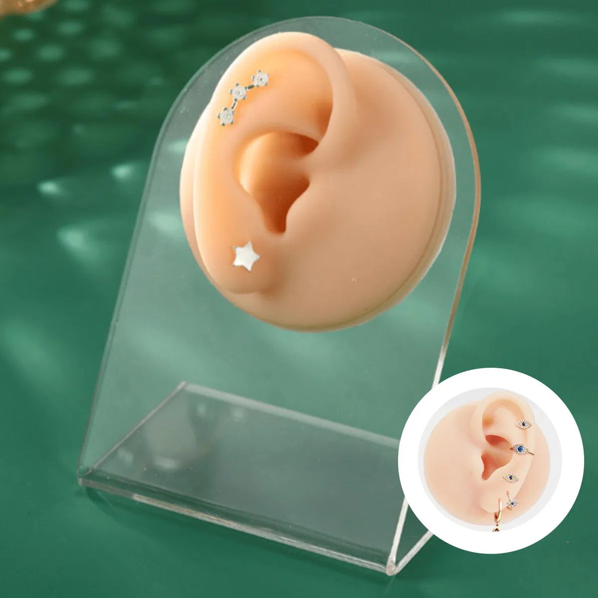 Finto Stampo Per Orecchio, 1 Paio Di Orecchio In Silicone Modello, Orecchio In Gomma Per La Pratica Del Piercing, Morbido Silicone, Con Espositore In Acrilico, Per Orecchini, Espositori Per Gioielli