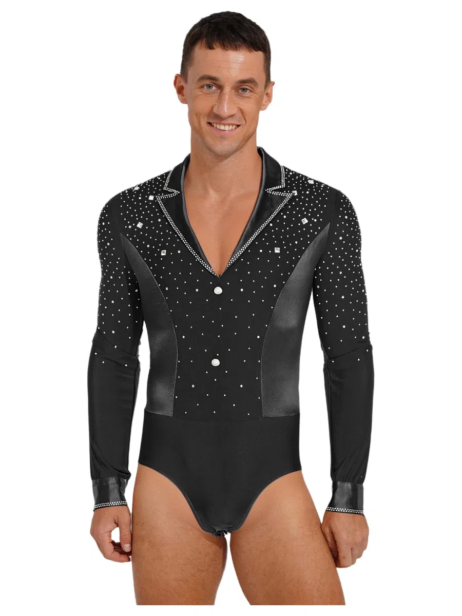 Agoky Body da Ballo Latino Americano per Uomo Maniche Lunghe con Strass Camicia Scollo a V da Danza Classica Leotard da Danza Standard Sala Tango Jazz Pattinaggio