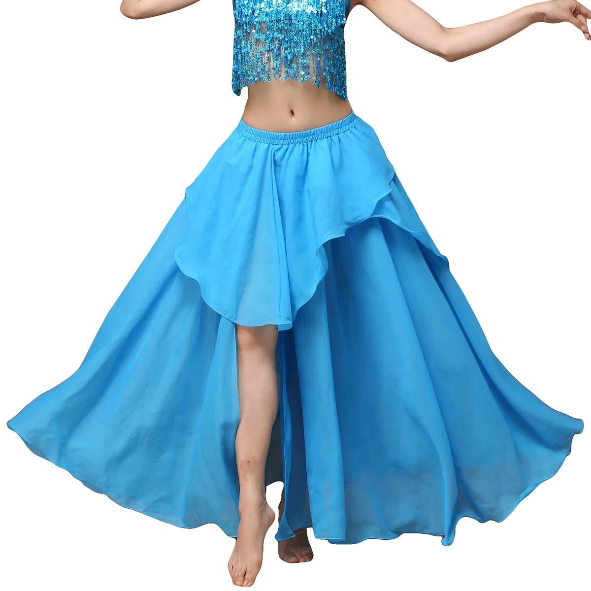 Baisdan Gonna lunga per danza del ventre, in chiffon, con spacco, costume per danza del ventre, blu cielo, Taglia unica