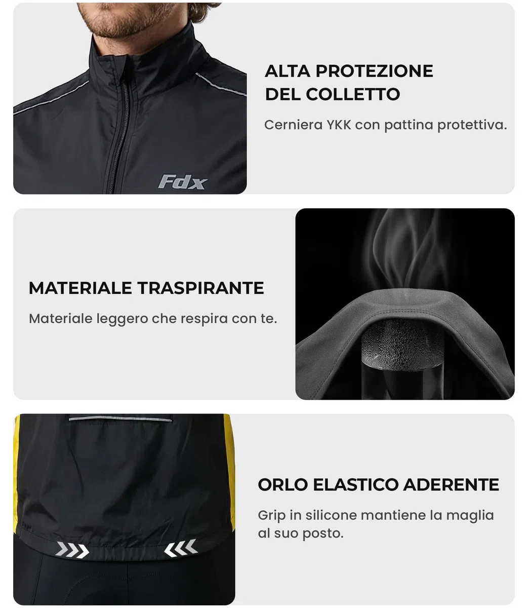 FDX Gilet ciclismo uomo leggero, traspirante, senza maniche, riflettente, antivento e idrorepellente, ideale per bici, corsa, MTB, escursionismo e fitness