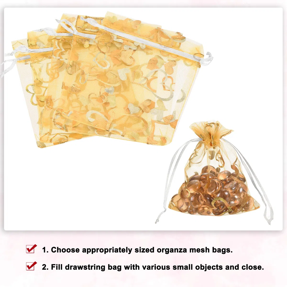 QUARKZMAN Sacchetti Organza, 10 x 12cm, Buste Regalo con Coulisse Cuore in Rete Trasparente, Sacchettini Bomboniere Ingrosso, Sacchetti per Gioielli,(Bianco-Oro, 100Pz)