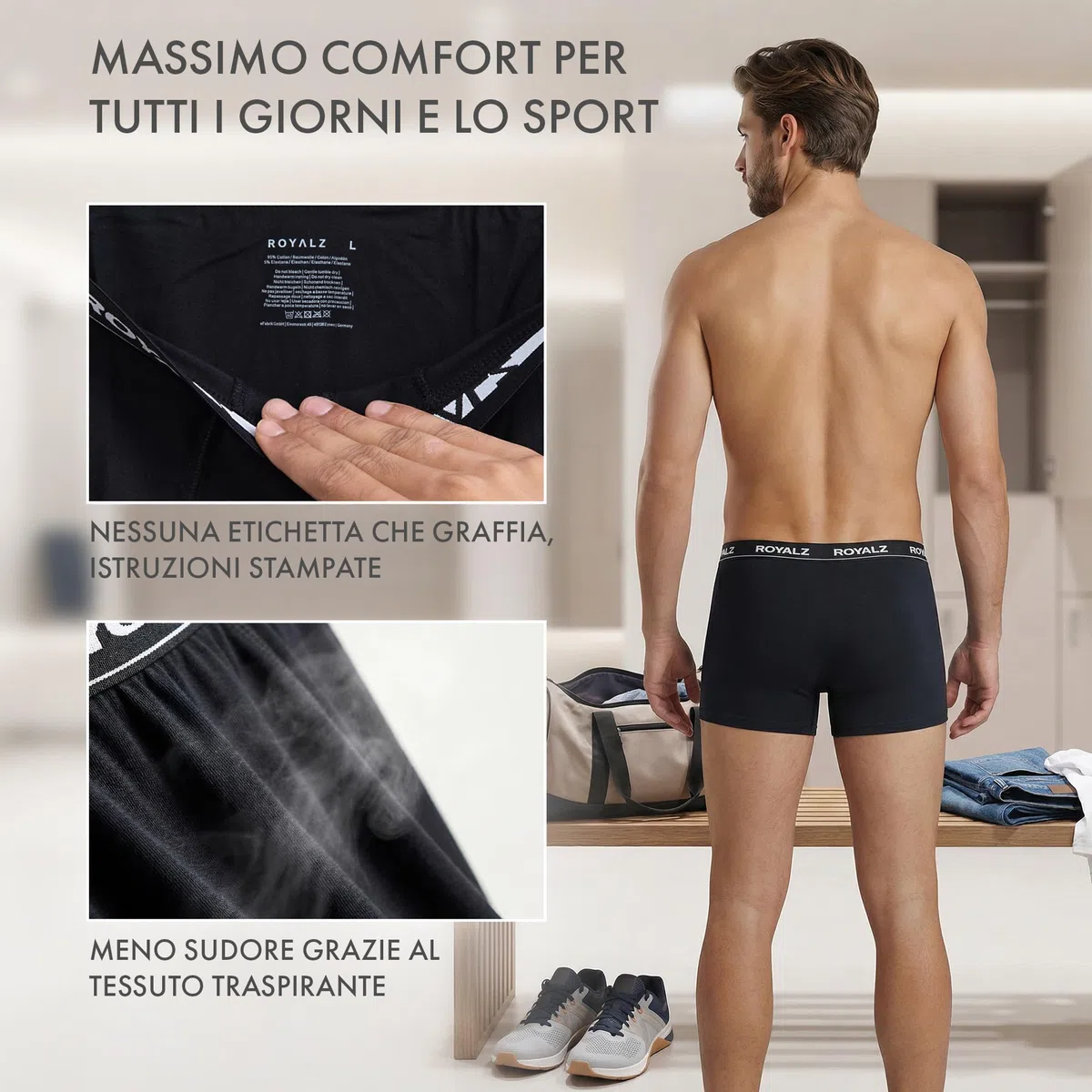 ROYALZ Boxer Uomo Classico Pacco da 5 Intimo Mutande Slip Elasticizzato 5 Pack(95% Cotone / 5% Elastan)