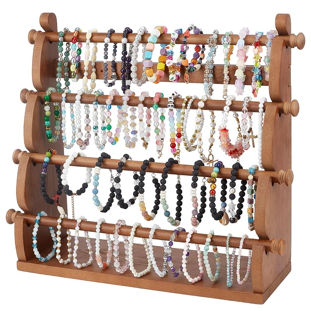 BENECREAT Espositore in Legno a 4 Ripiani per Braccialetti, Espositore per Bracciali e Collane, Porta-gioielli per Venditori a Domicilio, Fiere Dell'artigianato e Negozi (Colore Cammello)