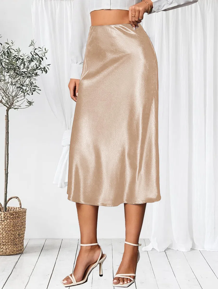 Gonna Donna Raso Vita Alta e Linea ad A Elegante Seta Midi Gonna da Lavoro Casual Elastica con Zip Festa Estate