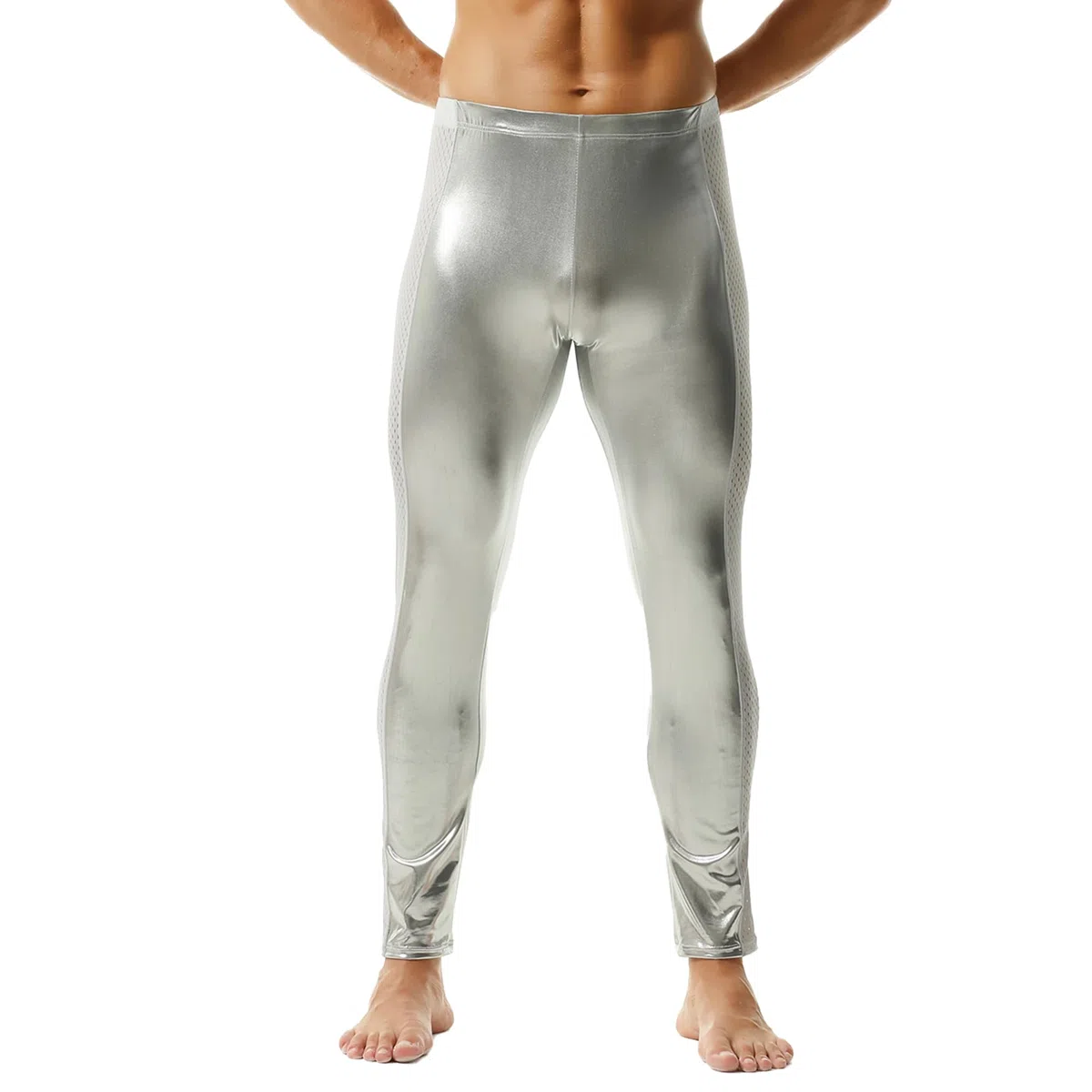 YUFEIDA Leggings da uomo metallizzati riflettenti pantaloni lunghi slim fit stage dance discoteca attivo casual sport leggings