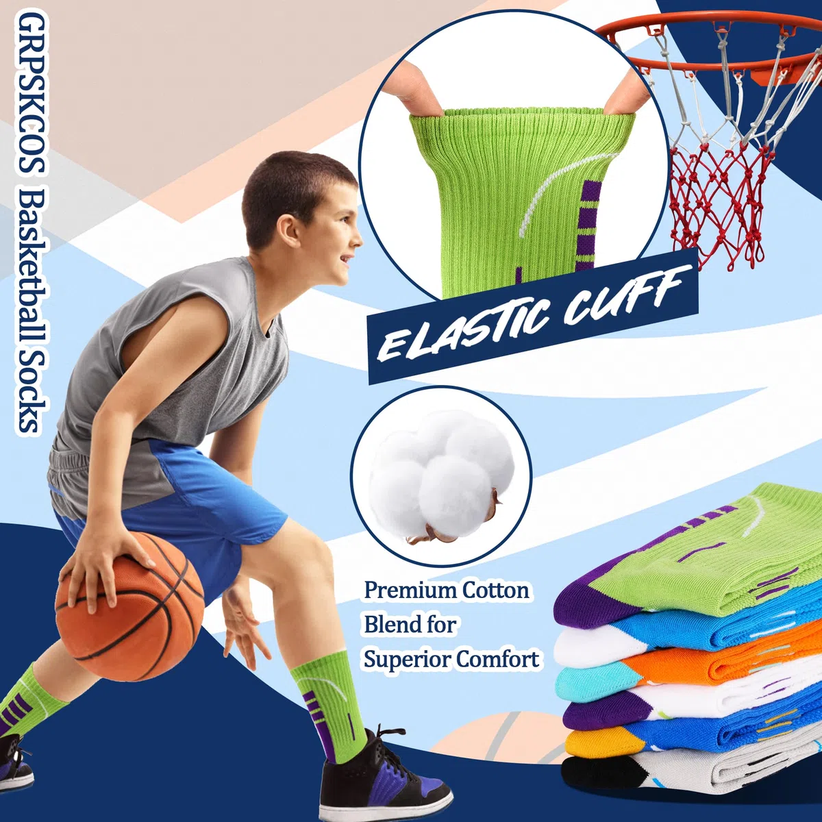 GRPSKCOS Calzini sportivi per bambini, in cotone, 6 paia, polpaccio, pallavolo, corsa, basket, scuola, calzini comodi per ragazzi e ragazze 5-14 anni
