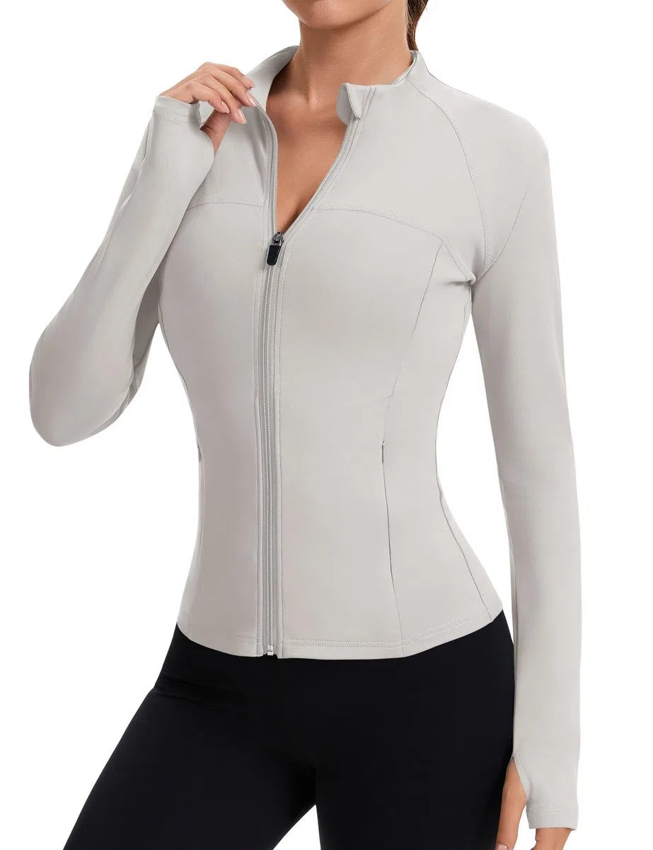 Giacca sportiva da donna, a maniche lunghe, sportiva, per palestra, yoga, fitness, leggera, con foro per il pollice e tasche