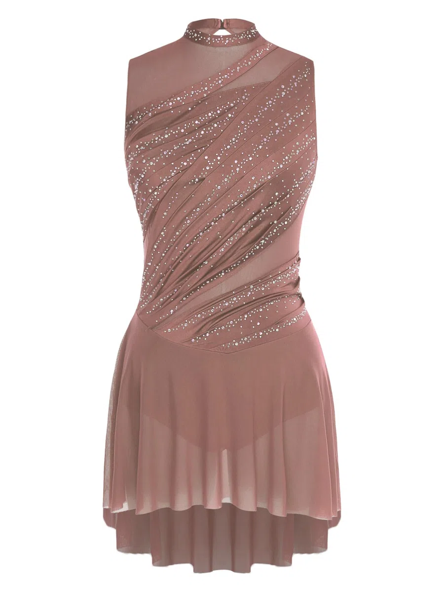Oyolan Vestito da donna Pattinaggio Artistico Body Ginnastica Danza Strass senza maniche Vestito Danza Contemporanea S-XXL