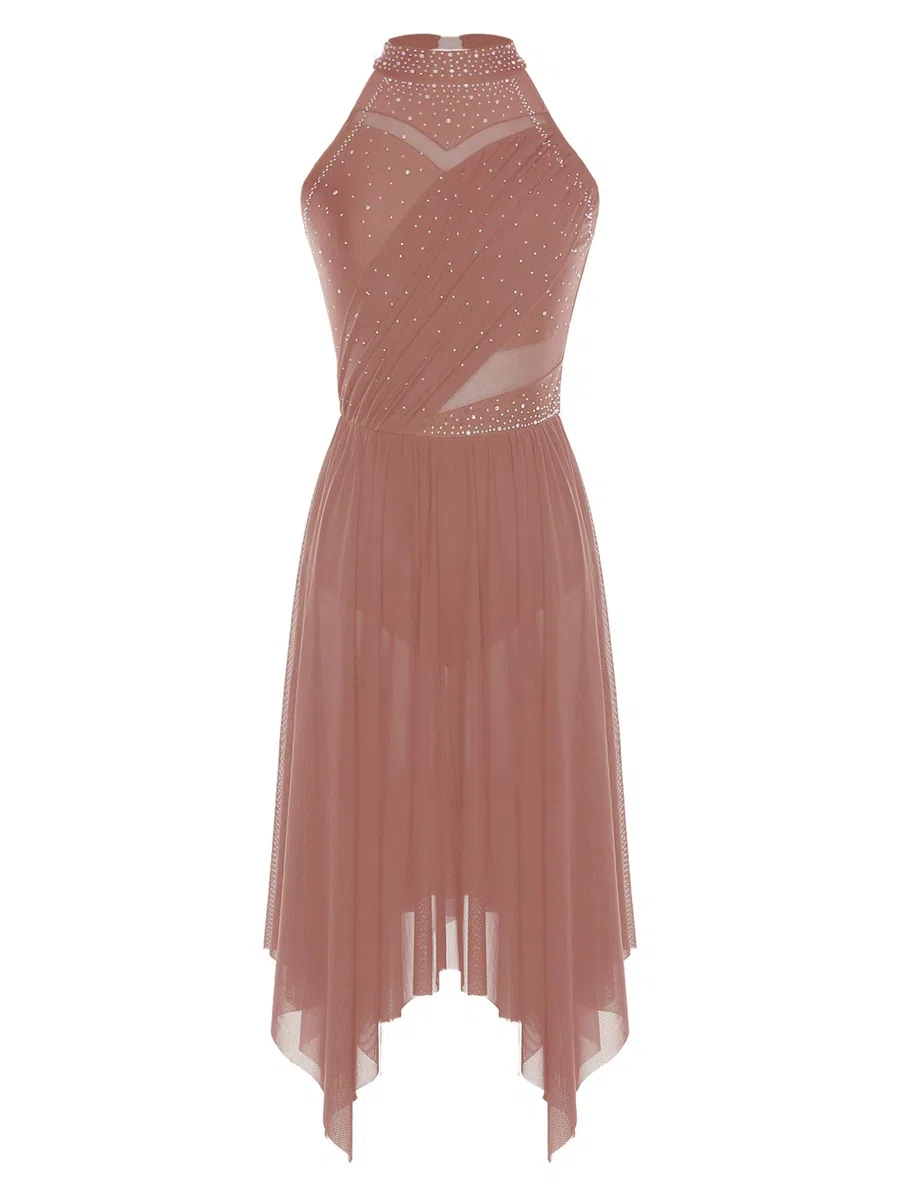 ranrann Vestito da Ballo Lirico Latino Americano Donna Senza Schiena Strass Abito da Pattinaggio Gonna Asimmetrica Danza Moderna Standard Valzer Tango Sala Saggio