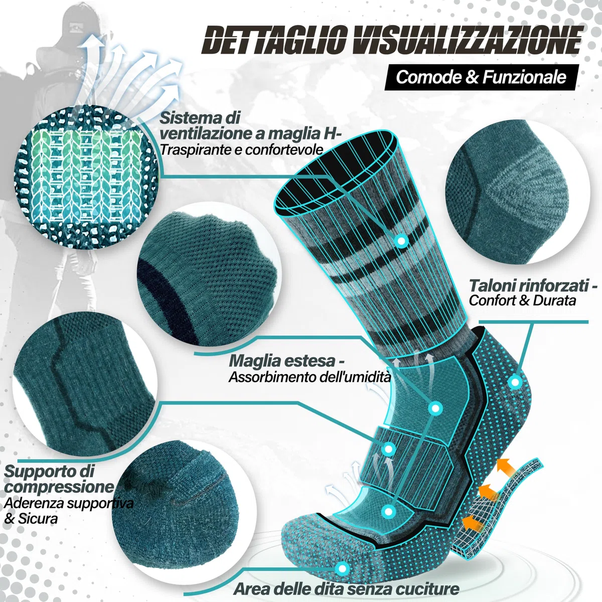 ANTSANG Calzini Unisex in Lana Merino per Donna Uomo Trekking Camminate Termici Caldi Spessi per Inverno con Taglio Alto 5 Paia