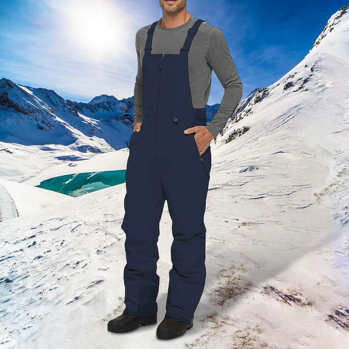 Tuta da uomo, invernale, calda, salopette da uomo, impermeabili, spesse, antivento, con chiusura lampo e tasca, pantaloni da neve, tinta unita, con calda imbottitura
