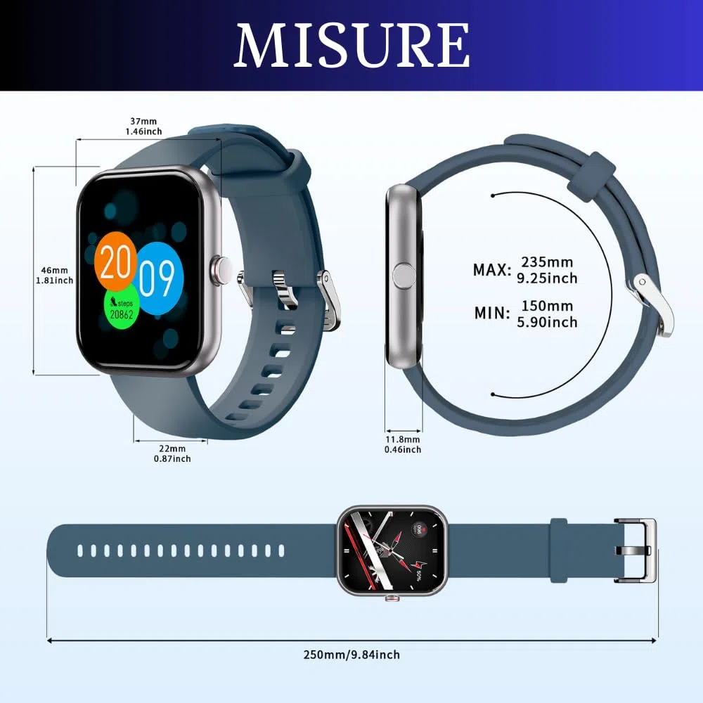 Smartwatch Uomo Donna 1.91" Orologio Intelligente Batt 320mAh, Chiamate Bluetooth, Fitness, Contapassi, Sonno, Cardiofrequenzimetro, Salute Femminile, Monitor SpO2, IP68, Android/iOS Istruz. ITA Blu