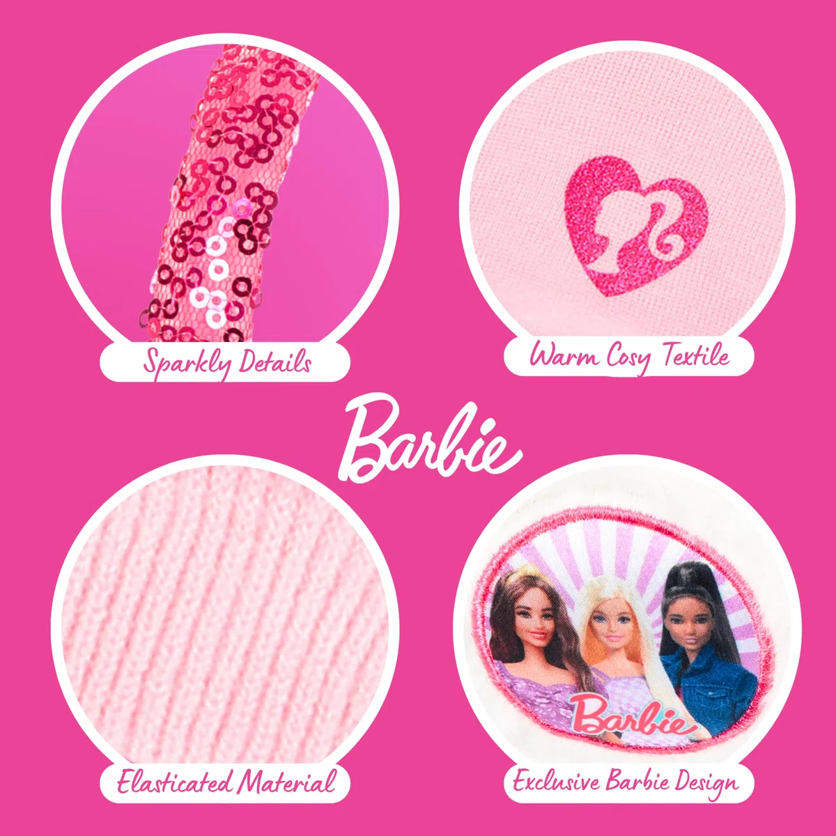 Barbie Cappello, Sciarpa, Guanti e Paraorecchie per Ragazze, Berretto Invernale per Bambina Design Scintillante, Regalo per Bambine