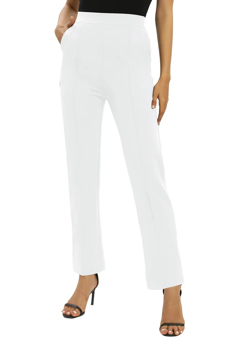 EXCHIC Donne Ufficio Casual Elastico Alta Vita Gamba Dritta Pantaloni con Tasche