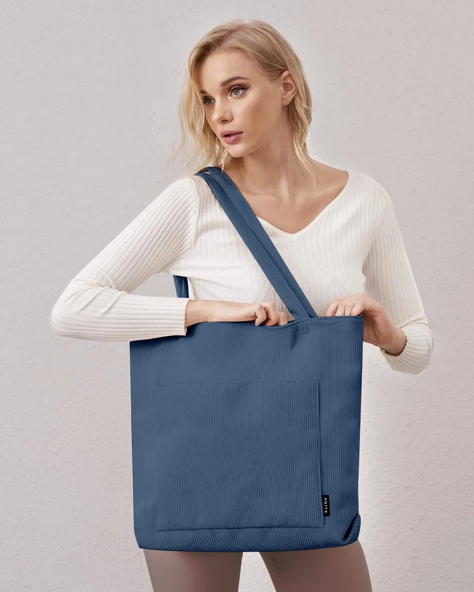 Prite Borsa tote in velluto a coste da donna con cerniera, grande capacità, borsa a tracolla con tracolla regolabile e tasche, borsa impermeabile per lavoro, scuola, shopping, viaggi, università