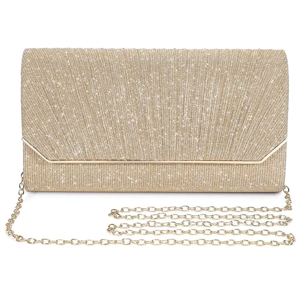 Pochette Donna Elegante Pieghettata Borsa da Sera 22×14×4,5 cm Ideale per uso Quotidiano e Occasioni Speciali (Oro)