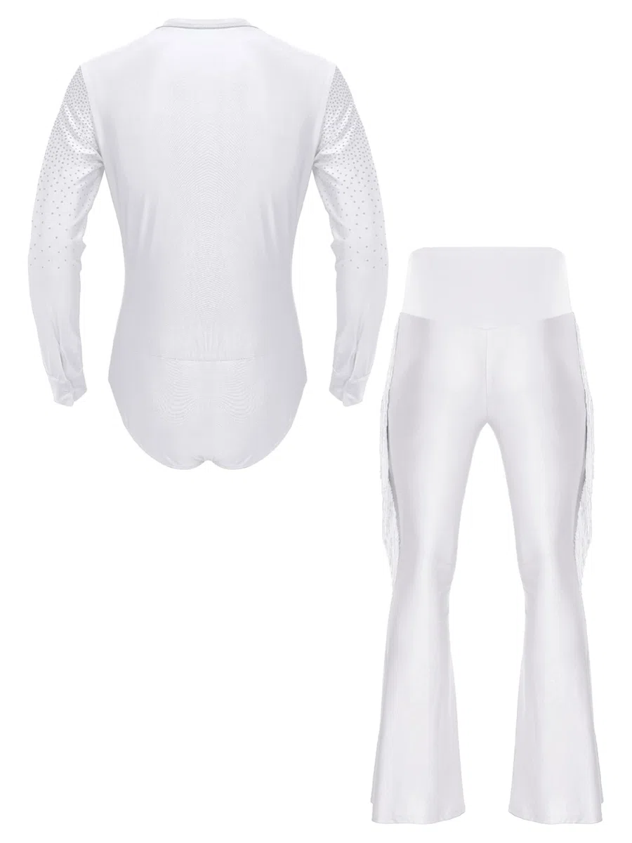 iEFiEL Body da Ballo Latino Uomo Scollo a V Manica Lunga e Pantaloni Con Nappe Vestito con Strass Abito da Ballo Danza Classica Tango Samba Rumba Jazz Salsa Jumpsuit