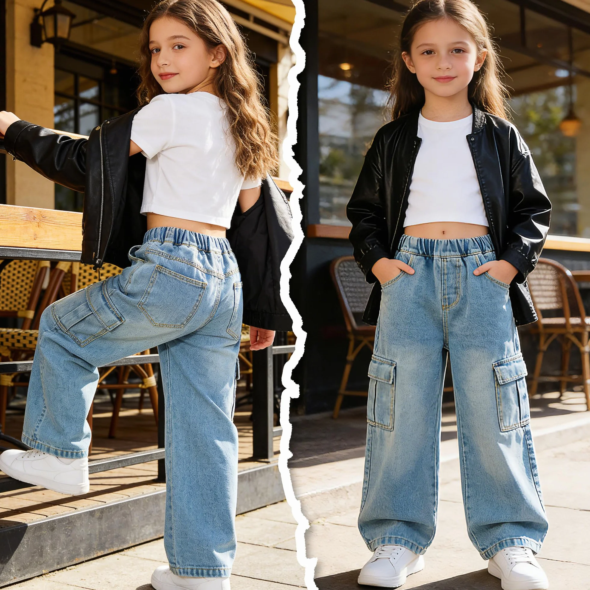 Jeans Cargo per Bambina, Baggy Denim Pantaloni Gamba Larga Lunghi Jean con Vita Elastica Loose Fit Stretch Pants con Tasche Multiple Casual Blu Pantaloni Moda Streetwear per Ragazza 7-15 Anni