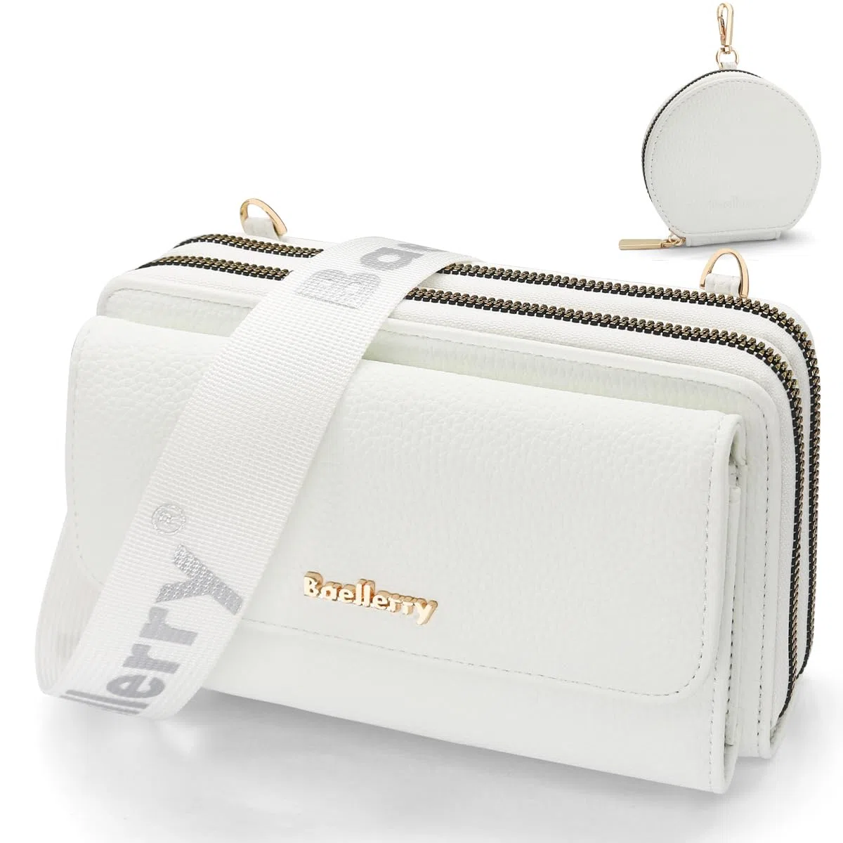HNOOM Borse a Tracolla per Cellulare Portafoglio Donna Doppia Cerniera Lunga in Pelle PU Grande Capacità Mini Borsa Tracolla Donna con Portamonete e Tracolla Porta Cellulare (Bianco)