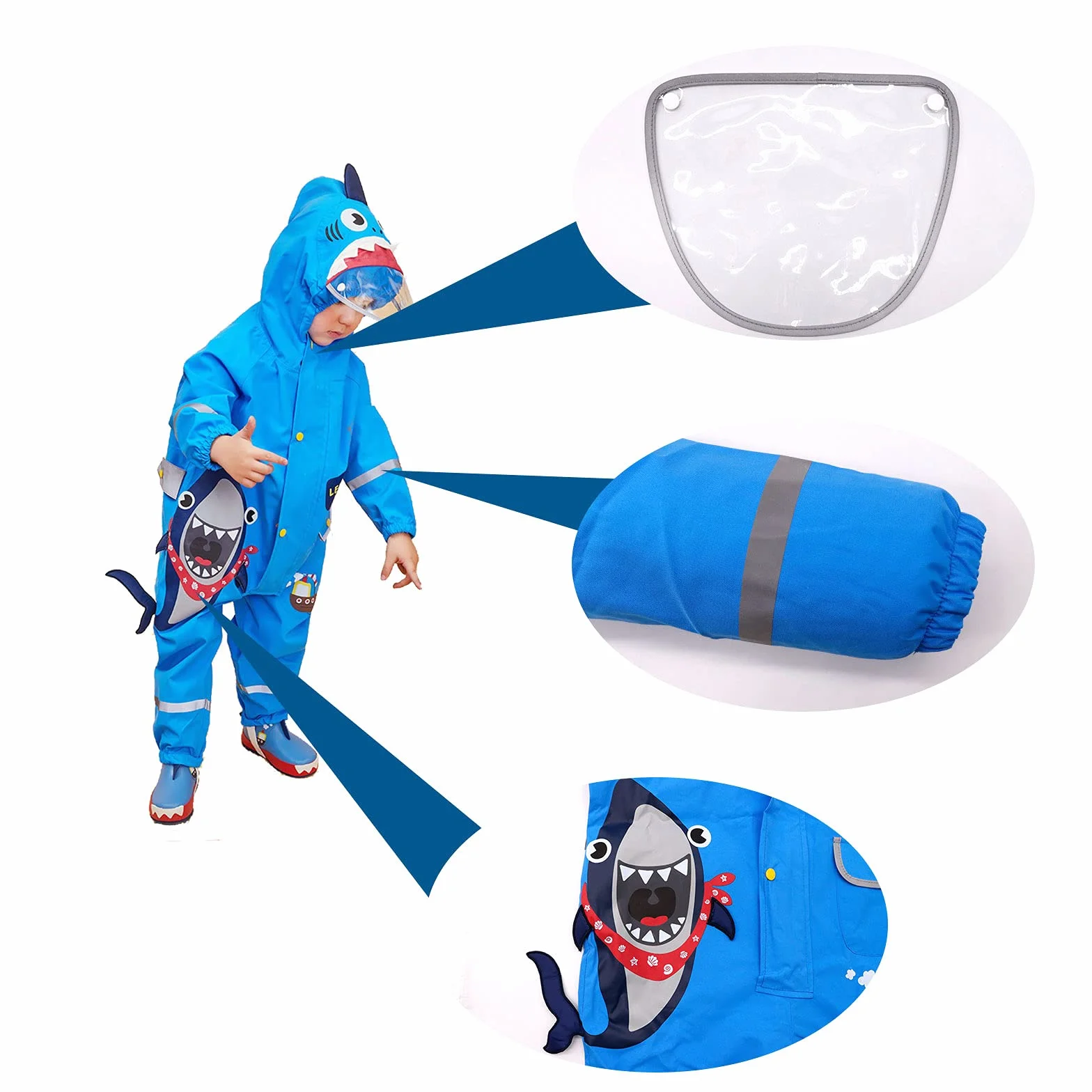 JinBei Vestiti per bambini Ragazzi Ragazze All in One Impermeabile con Cappuccio Impermeabile Unisex Leggero Carino Modello 3D Rainsuits Poncho Traspirante Cappello Trasparente Strisce Riflettenti