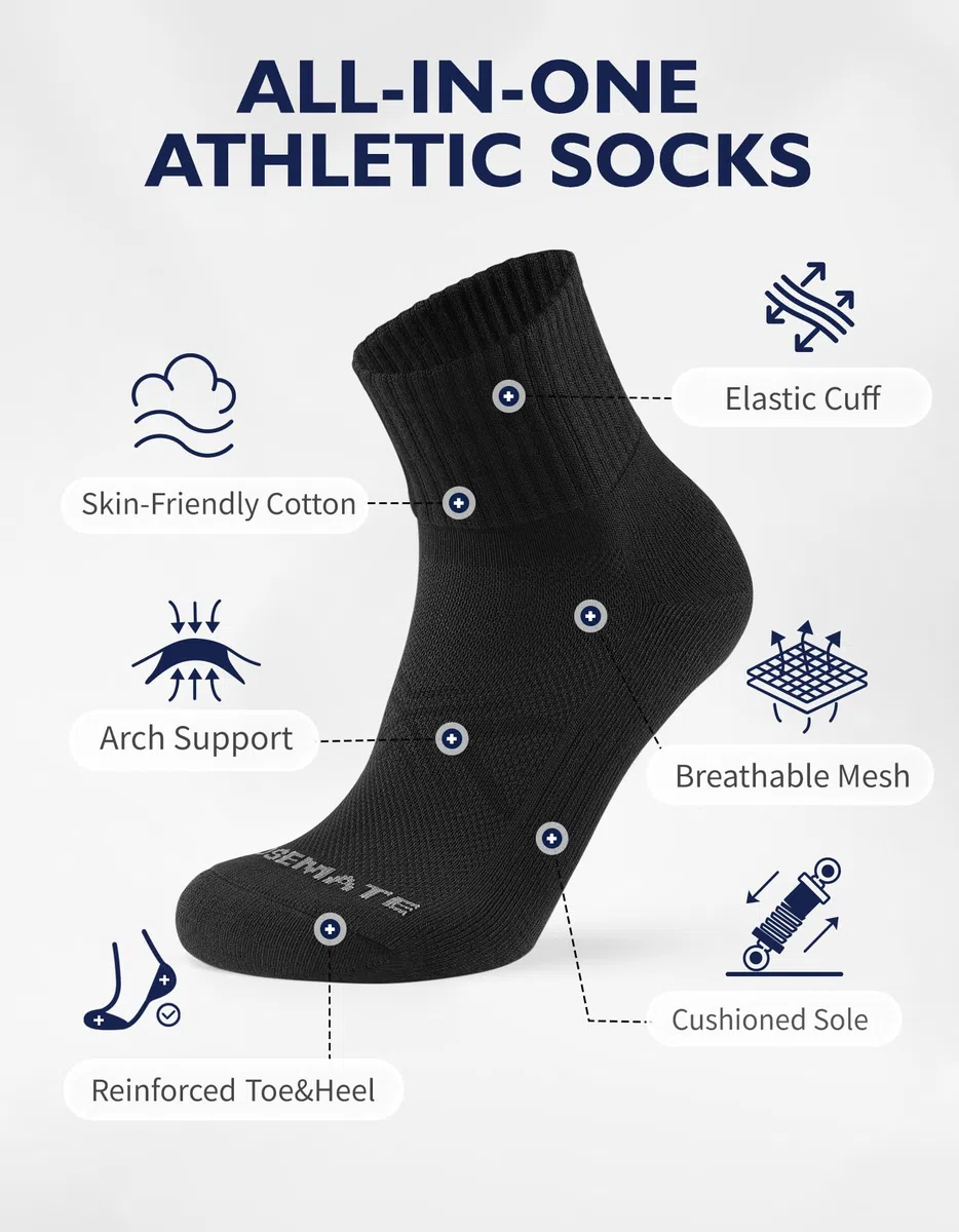 CLOSEMATE 6 Paia Calze Corte Uomo di Cotone Calzini Sportivi in Spugna per Corsa Quarter Running Socks