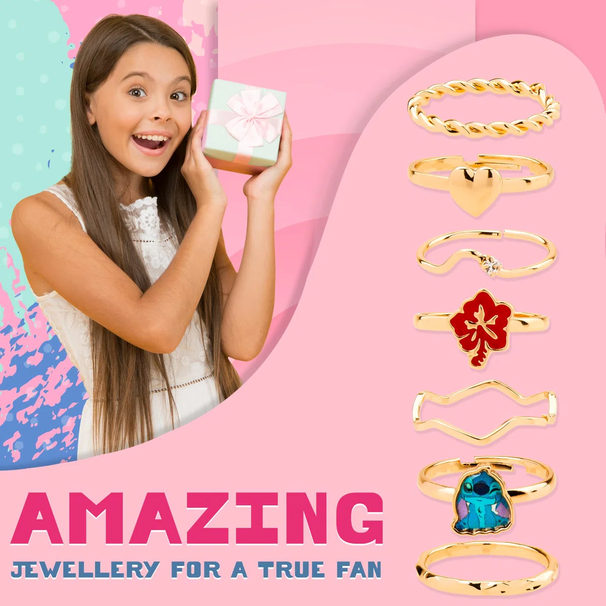 Disney Set di 7 Anelli Stitch per Bambine e Ragazze - Gioielli Divertenti Bambina Ragazza