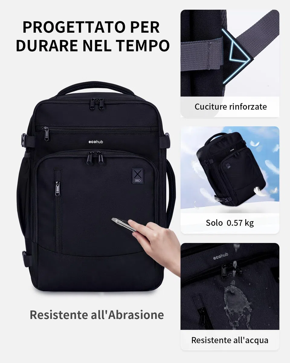 ECOHUB Zaino Ryanair 40x20x25 Bagaglio a Mano 40x20x25 Ryanair Zaino da Viaggio Valigia Bagaglio a Mano Borsa da Viaggio Borsa tote ecologica in PET riciclato da 20 litri,Brevettato, Nero