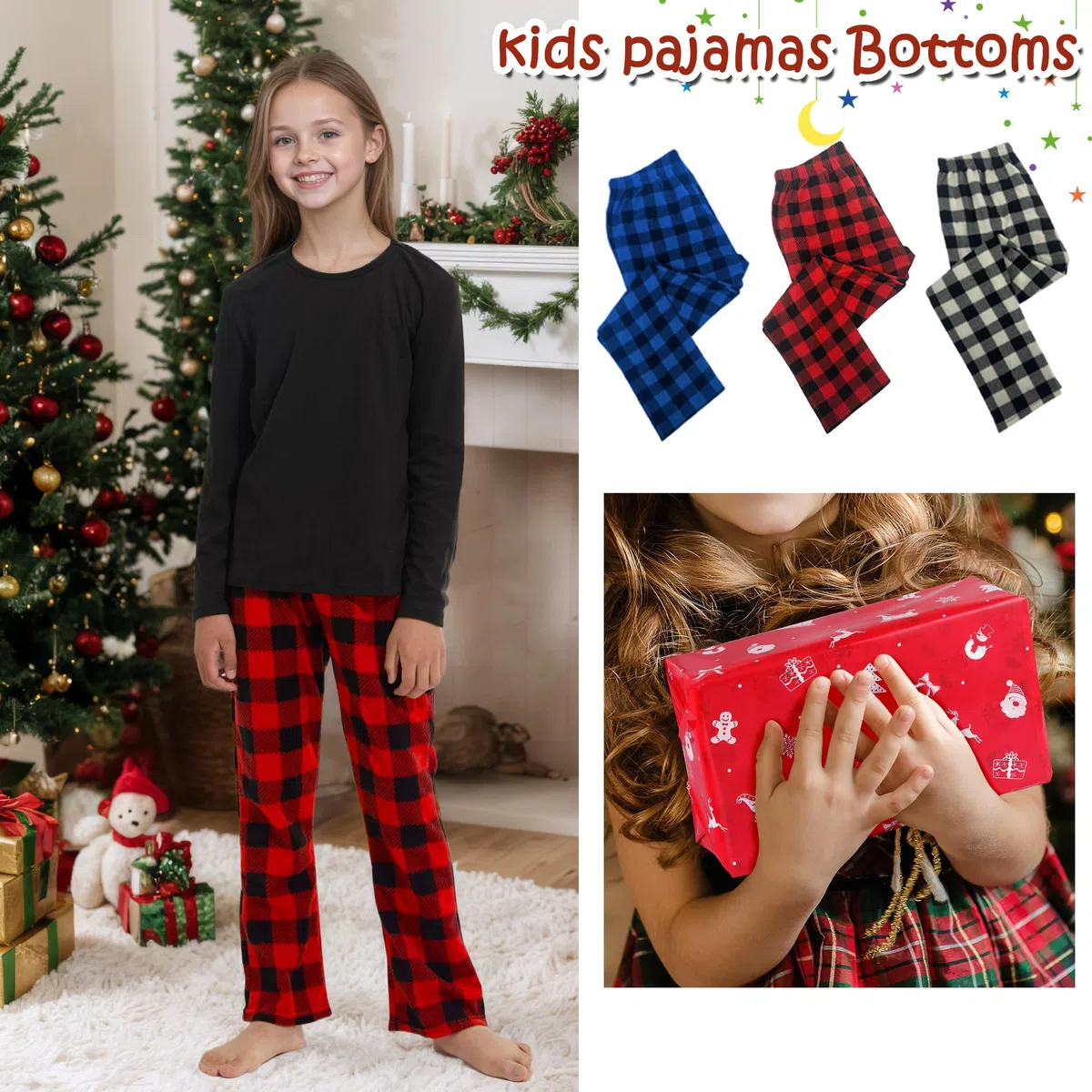 Confezione da 2 pantaloni pigiama in pile per bambine, motivo scozzese, morbidi, a quadri, con tasche, biancheria da notte
