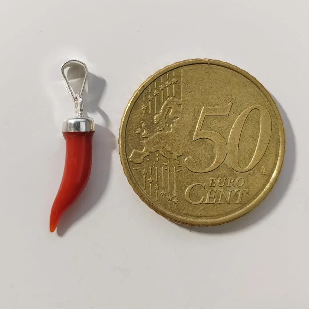 Cornetto portafortuna in corallo rosso del Mediterraneo e argento 925 ciondolo uomo donna corallo vero lunghezza 2,5 cm circa